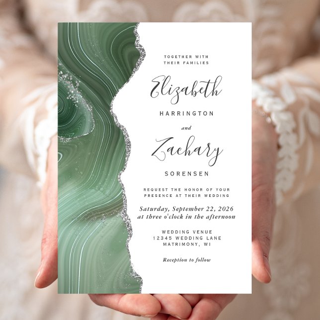 Invitation Mariage Moderne Vert Sauge Agate Argentée (Créateur téléchargé)