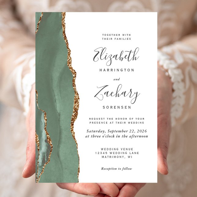 Invitation Mariage Moderne Vert Sauge Agate Or (Créateur téléchargé)