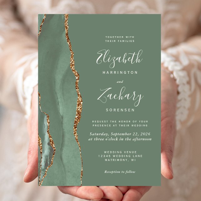 Invitation Mariage Moderne Vert Sauge Agate Or (Créateur téléchargé)