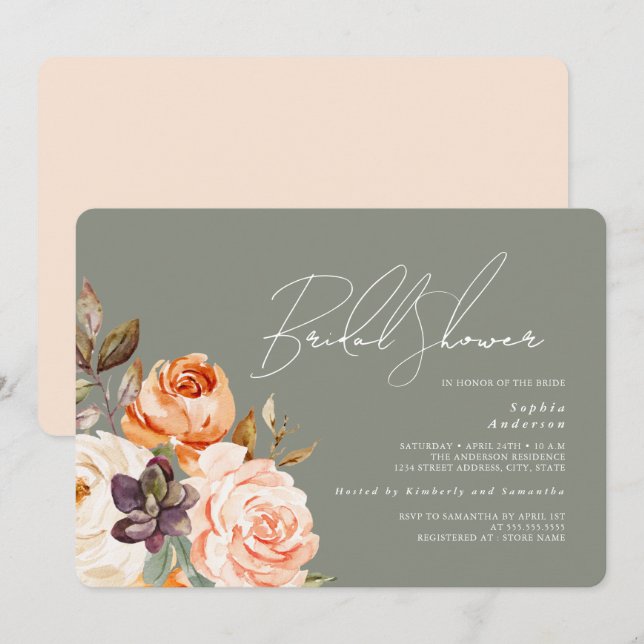 Invitation Mariage Moderne Vert Sauge Fleurs de Pêche pour un (Devant / Derrière)