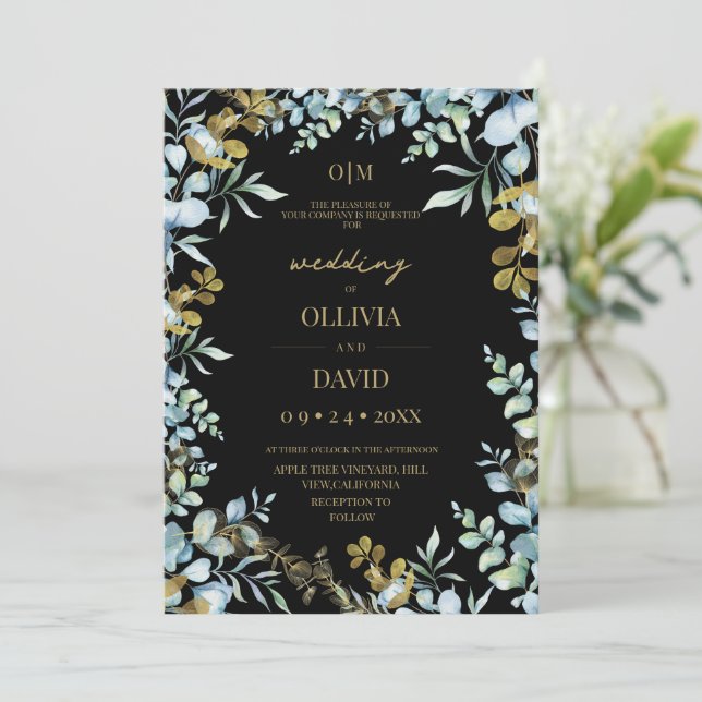 Invitation Mariage Moderne Vert Sauge Or Eucalyptus Rustique  (Debout devant)