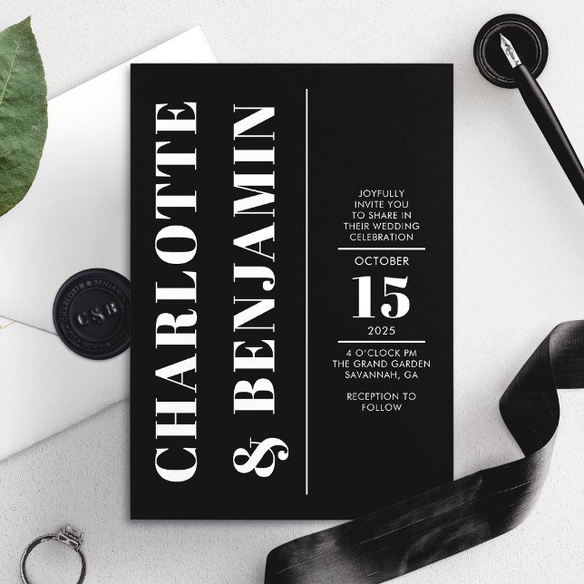 Invitation Mariage Moderne Vertical Gras Blanc Et Noir (Créateur téléchargé)