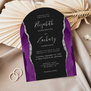 Invitation Mariage Moderne Violet Argent Agate Arc Sombre
