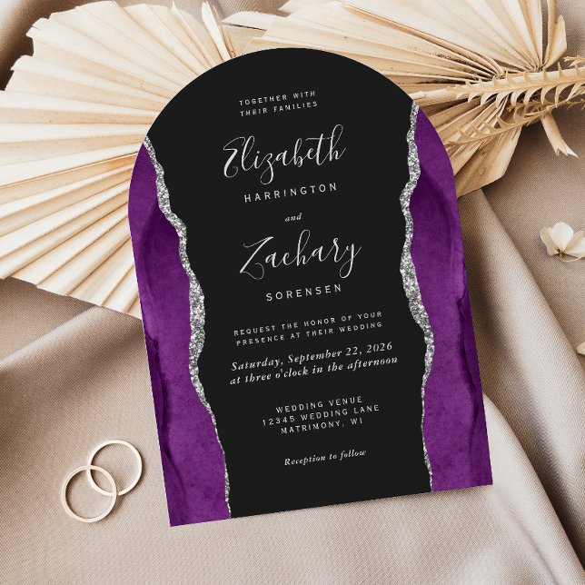 Invitation Mariage Moderne Violet Argent Agate Arc Sombre (Créateur téléchargé)