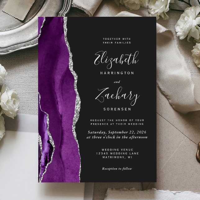 Invitation Mariage Moderne Violet Argent Agate Foncé (The perfect choice for a purple and silver themed wedding.)