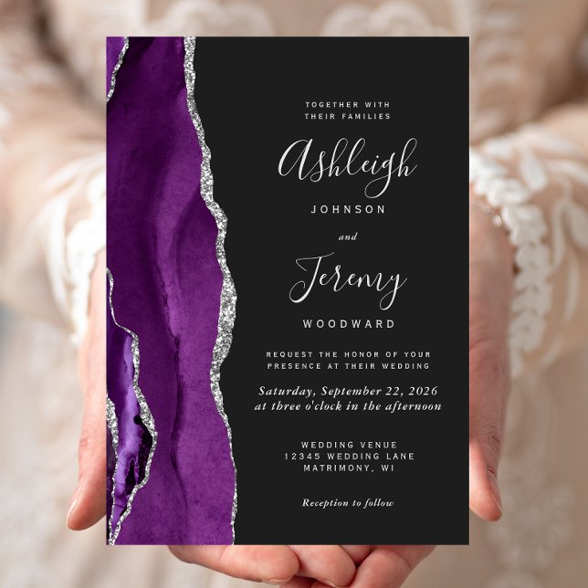 Invitation Mariage Moderne Violet Argent Agate Foncé (Créateur téléchargé)