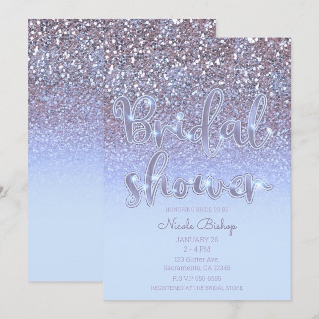 Invitation Mariage Moderne Violet Argent Paillettes Glamour (Devant / Derrière)