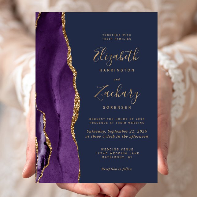 Invitation Mariage Moderne Violet Or Agate Bleu Marine (Créateur téléchargé)