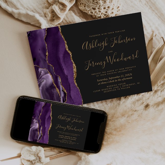 Invitation Mariage Moderne Violet Or Agate Foncé (Créateur téléchargé)