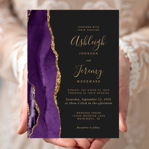 Invitation Mariage Moderne Violet Or Agate Foncé