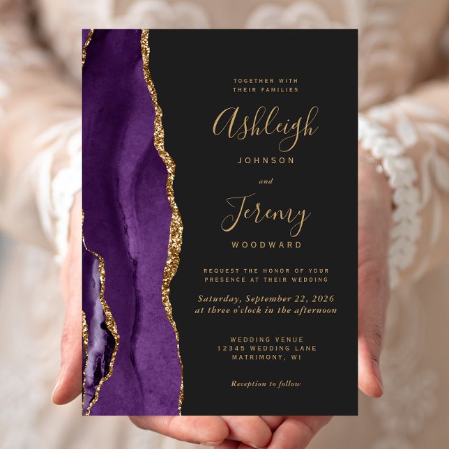 Invitation Mariage Moderne Violet Or Agate Foncé (Créateur téléchargé)