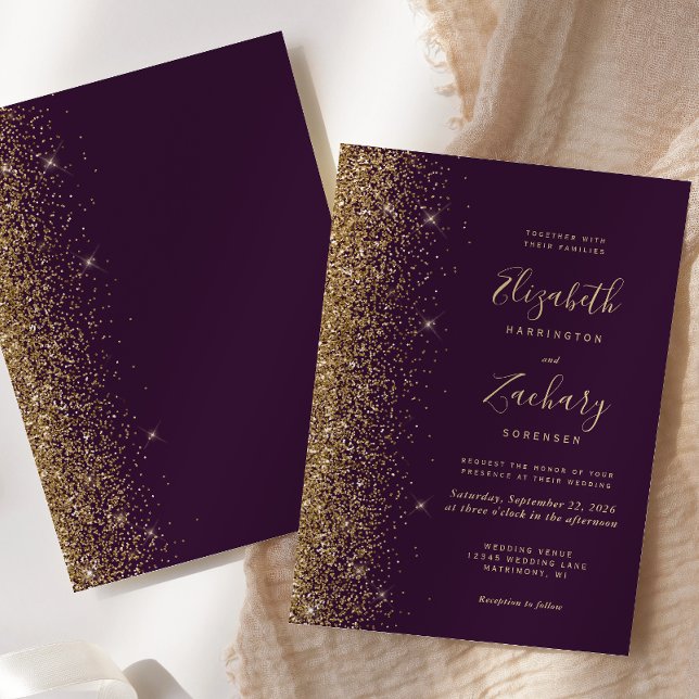 Invitation Mariage Moderne Violet Pourpre Paillettes Dorées s (Créateur téléchargé)