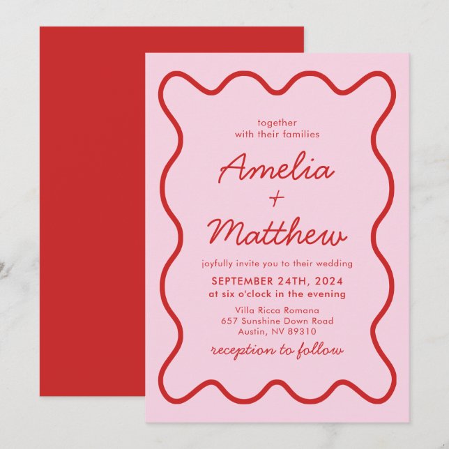 Invitation Mariage moderne Wavy rose et rouge Retro Squiggle (Devant / Derrière)