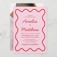 Mariage moderne Wavy rose et rouge Retro Squiggle