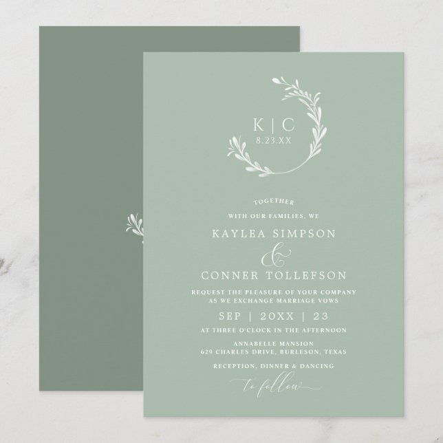 Invitation Mariage monochromatique vert sauge lumineux élégan (Devant / Derrière)