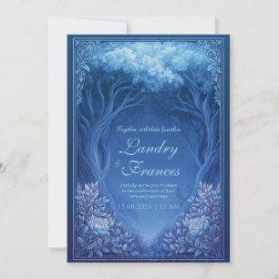 Invitation Mariage monochrome bleu dans une forêt enchantée