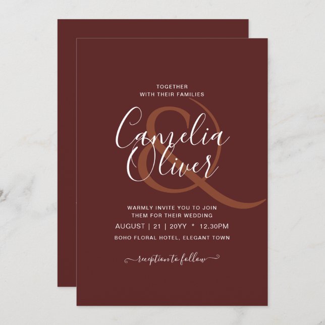 Invitation Mariage monochrome Bourgogne moderne (Devant / Derrière)