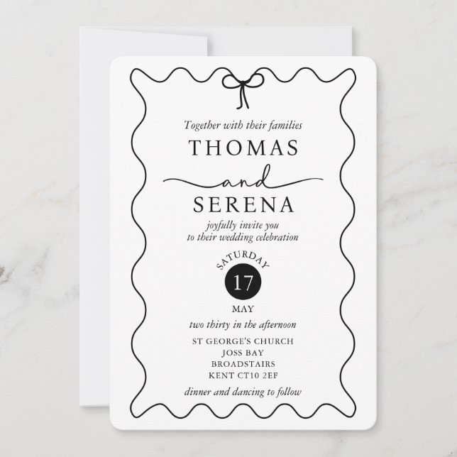 Invitation Mariage monochrome noir blanc QR Code Courbe d'ond (Devant)