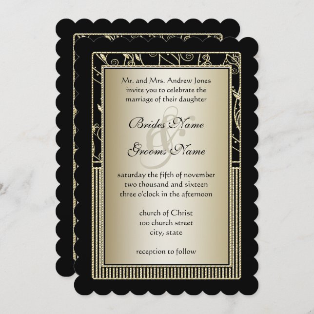 Invitation Mariage Monogram Balck et Gold Swirl (Devant / Derrière)