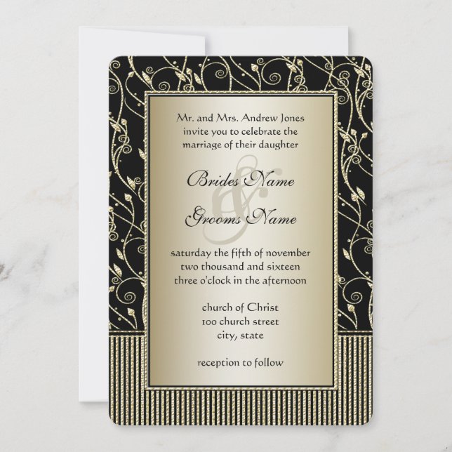 Invitation Mariage Monogram Black et Gold Swirl (Devant)