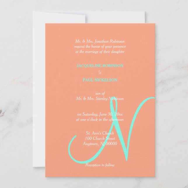 Invitation Mariage Monogram Cantaloupe Bleu (Devant)