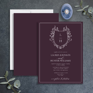 Invitation Mariage Monogram Crest Fleur sauvage Plum classiqu