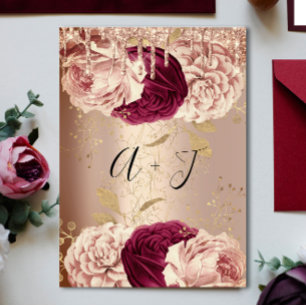 Invitation Mariage Monogram Drives Florals Marsala Rose Gold