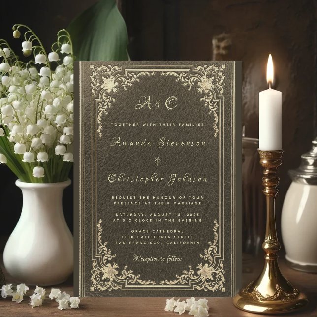 Invitation Mariage Monogram Elegant Vintage Gold sur Noir (Créateur téléchargé)