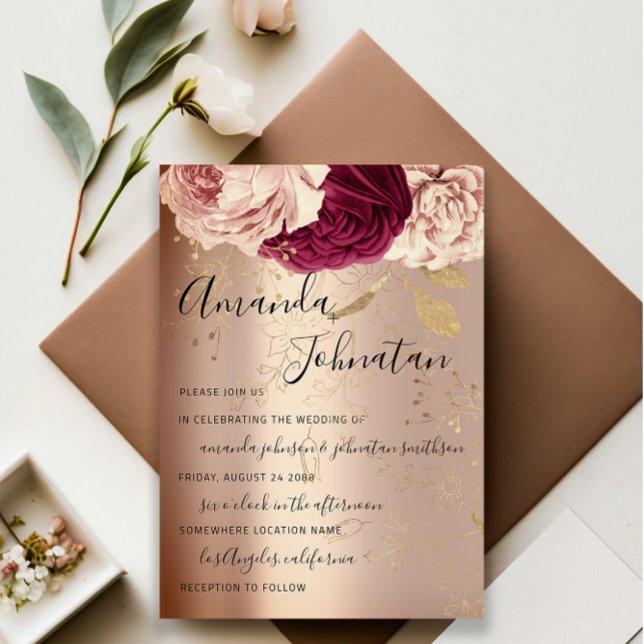 Invitation Mariage Monogram rose Florals Marsala Rose Or (Wedding Monogram Pink Florals Marsala Rose Gold Invitation)