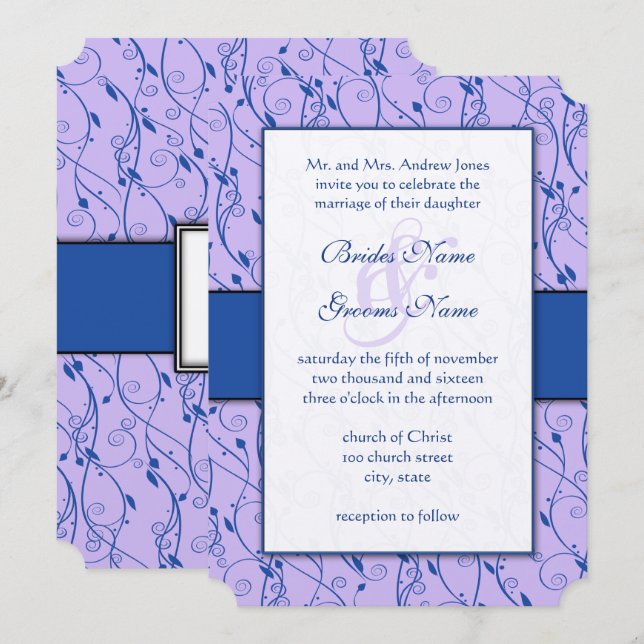 Invitation Mariage Monogram Royal Blue Lilac Swirl (Devant / Derrière)