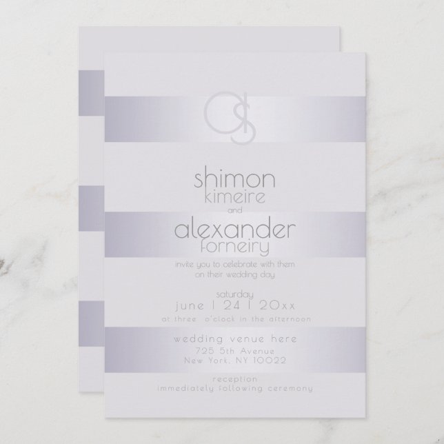 Invitation Mariage | Monogramme à bande de Shimmer en argent  (Devant / Derrière)