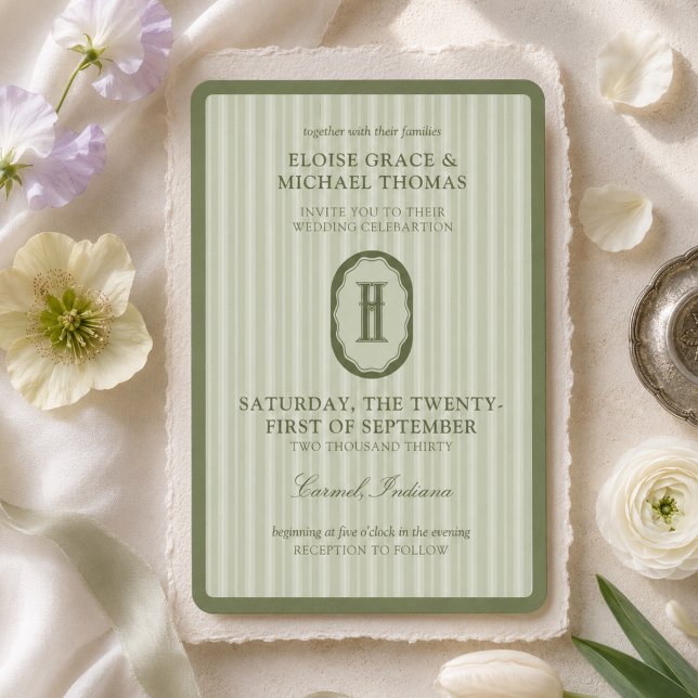 Invitation Mariage Monogramme à Rayures Vert Sauge (Sage Green Stripe Monogram Wedding Invitation)