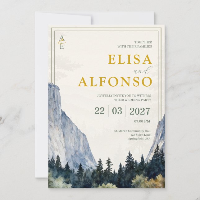 Invitation Mariage Monogramme Aquarelle Classique Green Cliff (Devant)
