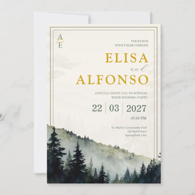 Invitation Mariage Monogramme Aquarelle Classique Pin Vert  (Devant)