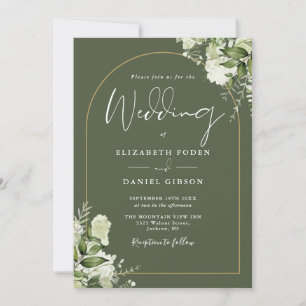 Invitation Mariage Monogramme Arc Doré Végétal Vert Olive