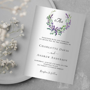 Invitation Mariage monogramme argent violet de fleurs de lava