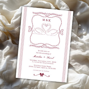 Invitation Mariage Monogramme aux Cygnes et Rayures Dessinés 