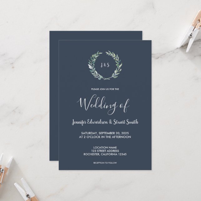 Invitation Mariage monogrammé aux feuilles aquarelles rustiqu (Devant/Arrière en situation)