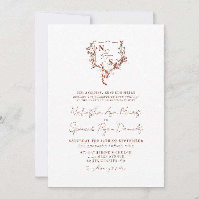 Invitation Mariage Monogrammé avec Blason Floral Rustique For (Devant)