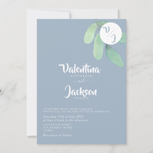 Invitation Mariage Monogramme avec Verdure Bleu Poussiéreux  (Devant)