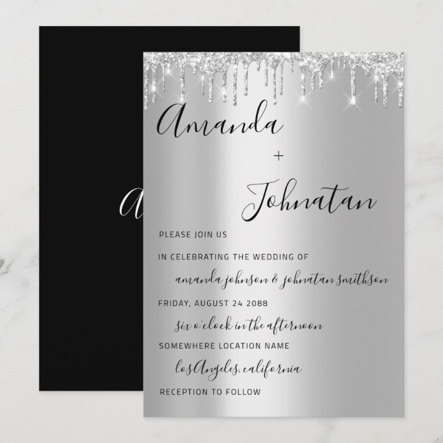 Invitation Mariage Monogramme Black Silver Drivers Gris Étinc (Devant / Derrière)