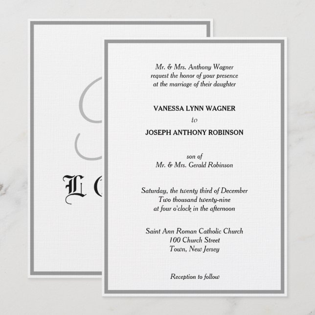 Invitation Mariage Monogramme Blanc Noir Argent Classique  (Devant / Derrière)