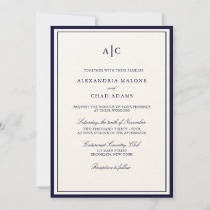 Invitation Mariage Monogramme bleu marine classique et écru