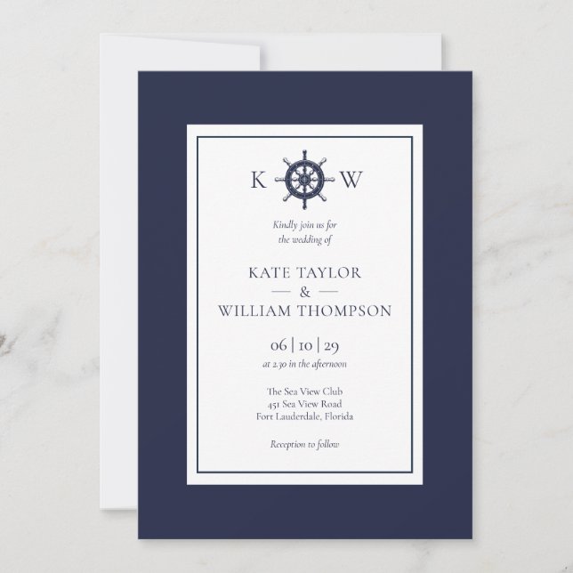 Invitation Mariage Monogramme Bleu Marine Roue de Navire Naut (Devant)
