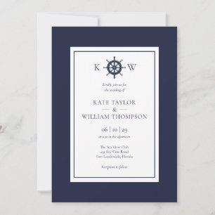 Invitation Mariage Monogramme Bleu Marine Roue de Navire Naut