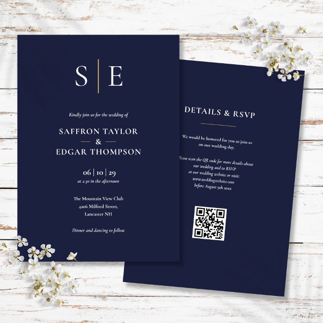 Invitation Mariage Monogramme Bleu Nuit Et Or Code QR (Monogram Navy Blue And Gold QR Code Wedding Invitation)