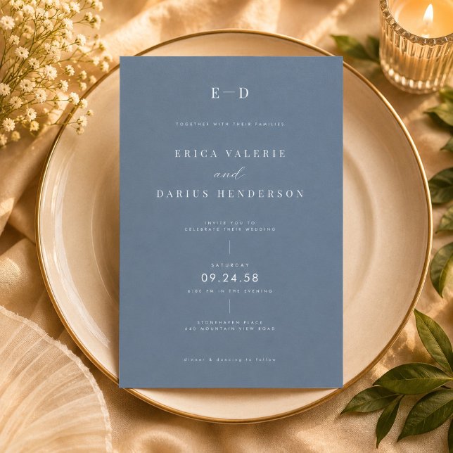 Invitation Mariage Monogramme Bleu Poussiéreux (Créateur téléchargé)