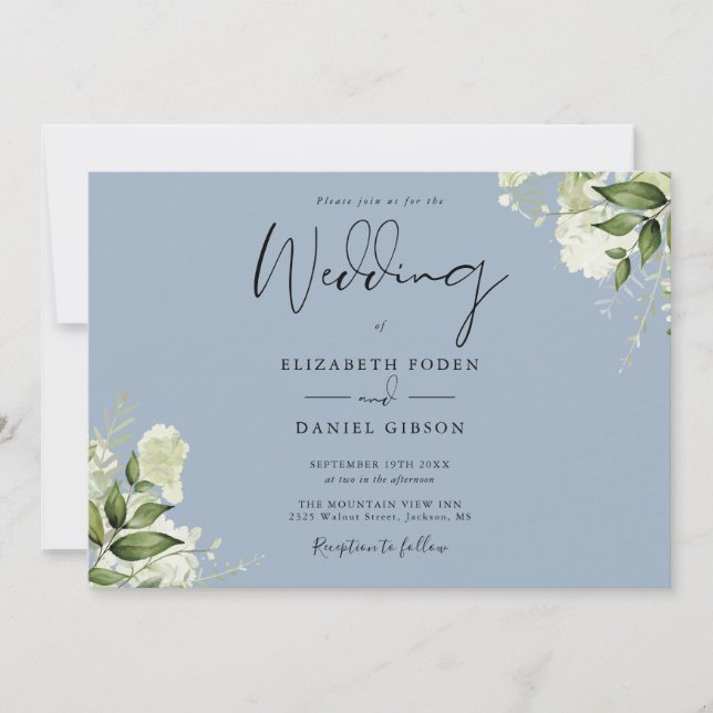 Invitation Mariage Monogramme Bleu Poussiéreux de Verdure Bot (Devant)