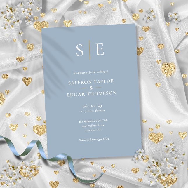 Invitation Mariage Monogramme Bleu Poussiéreux Et Or (Dusty Blue And Gold Monogram Wedding Invitation)