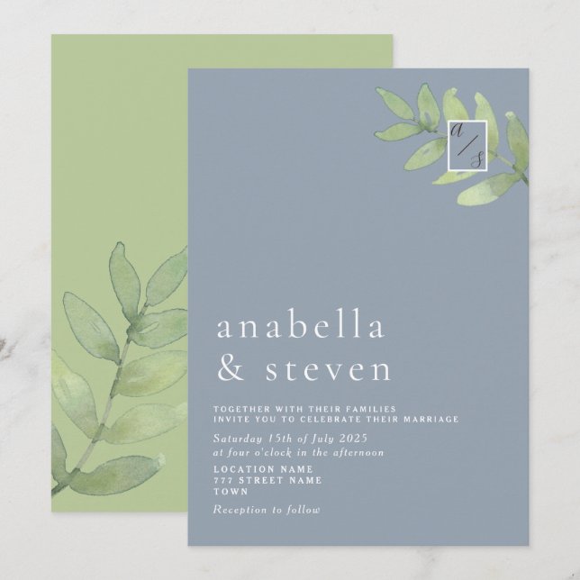 Invitation Mariage Monogramme Bleu Poussiéreux et Vert Sauge (Devant / Derrière)